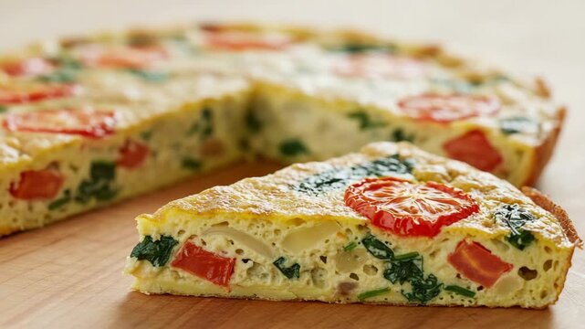 Freshly baked frittata with a slice cut out, showcasing its delicious ingredients.