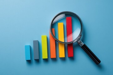 Colorful bar graph and magnifying glass on a blue background, representing data analysis