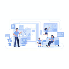 Smart home with family using holographic devices vector illustration