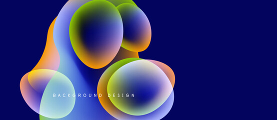 Abstract colorful bubbles overlap on dark blue background. Modern design elements create vibrant visual impact. Smooth gradients enhance aesthetic appeal.
