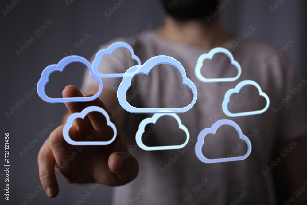 Aufkleber image depicts a person interacting with digital cloud icons, symbolizing cloud computing, data stora