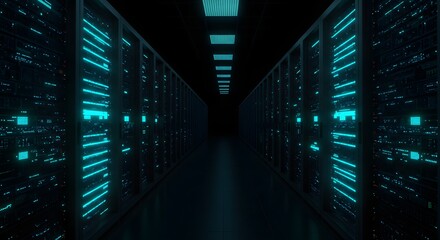 Data Center Servers A Corridor of Blue Light and Digital Information