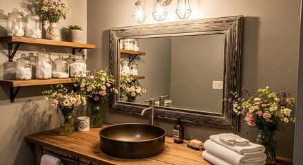 A rustic-chic bathroom boasts wooden shelves, a copper sink, and fresh flower arrangements, creating a serene and inviting space.