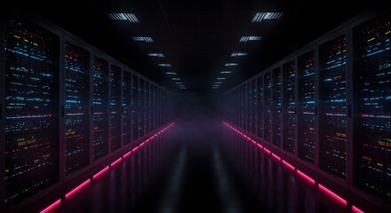 Data Center Corridor with Glowing Lights A Dark Futuristic Server Room