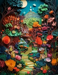 Naklejka premium Vivid paper garden fantasy design - Fantasy garden crafted from colorful quilling paper elements, rich in texture and imaginative floral shapes