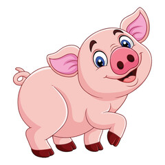 Cheerful cartoon pig with a smile and a raised hoof