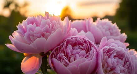 Delicate pink peonies bathed in golden sunlight, showcasing intricate details and soft focus.