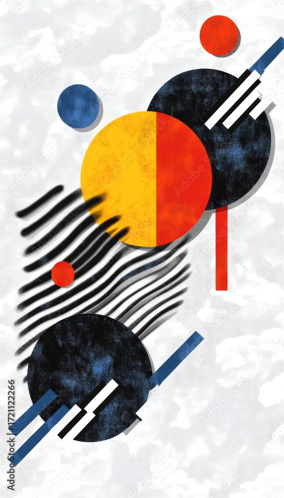 Poster geometric abstract art with circles and stripes on a textured background for modern design