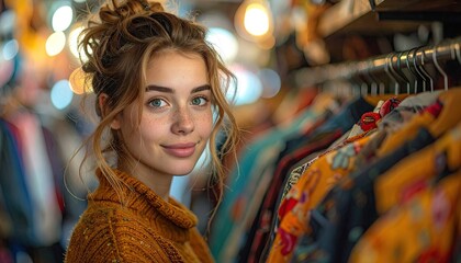 Young Woman Browsing Clothes in Vintage Shop
