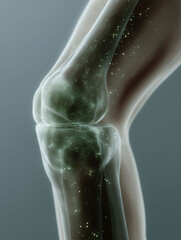 Transparent knee joint anatomy reveals detailed skeletal bone structure for medical visualization.