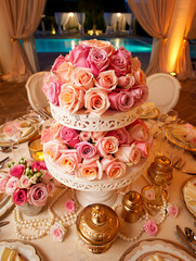Elegant Wedding Reception Table Centerpiece Featuring a Two Tiered Rose Floral Arrangement and Pearl Garlands