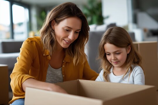 Caucasian female adult and child packing boxes in living room