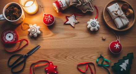 Overhead view of handmade red and white felt christmas ornaments on wooden background. Holiday decoration concept for Christmas card.