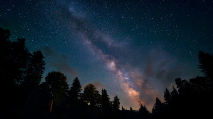 Nighttime Milky Way Display: Capture the mesmerizing beauty of the Milky Way stretching across the night sky, framed by the silhouettes of trees, offering a glimpse into the vastness of the universe.