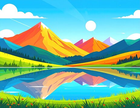 Vibrant mountain range reflected in a calm lake