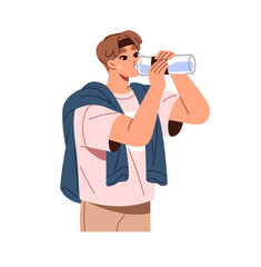 Thirsty boy quenches thirst after training. Young man with sweat on face drinks water from plastic bottle. Person stays hydrated with refreshing beverage. Flat isolated vector illustration on white