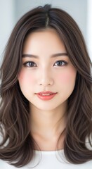 Fototapeta premium Close-up portrait of a young woman with elegant, dark brown hair and subtle makeup, showcasing a soft, approachable expression and natural beauty.