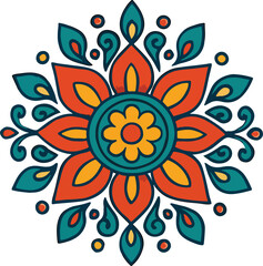 Colorful Mandala Design With Floral Center and Teal, Orange, and Yellow Accents for Creative Decor