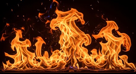 Fiery orange and yellow flames dance against a black backdrop, showcasing intricate patterns and vibrant colors.