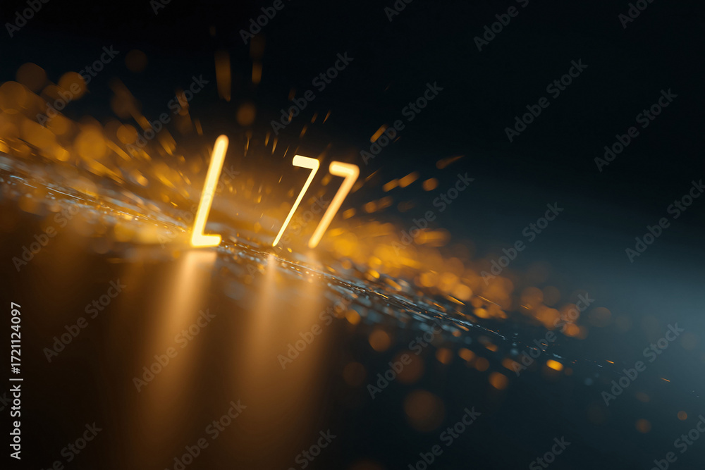 Poster glowing, stylized number seventyseven (77) over a dark surface with bokeh and particle effects. abst