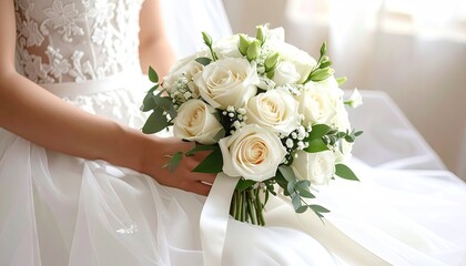 Bride Holding Elegant White Rose Bouquet
