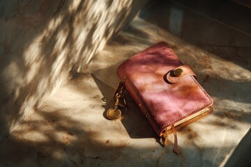 Elegant pink leather wallet with charm on marble surface illuminated by soft sunlight and gentle shadows
