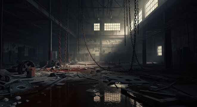 Desolate factory hall adorned with heavy chains and scattered debris creating a eerie atmosphere