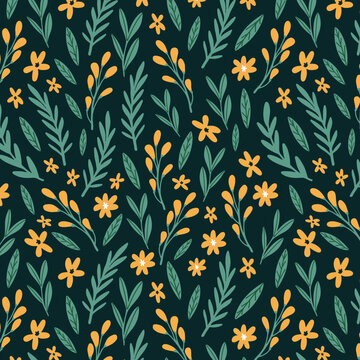 Doodled botany plants seamless repeat pattern. Random placed, various vector flowers, leaves, herbs, berries and branches illustration all over surface print on white background.
