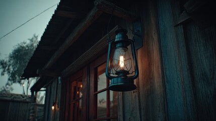 Vintage Lantern Illuminating Rustic Wood Cabin at Dusk with Warm Glow Enhancing the Nostalgic Atmosphere