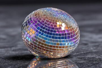 Shiny Disco Ball Egg with Colorful Reflections on Dark Background for Party Decoration and Event Inspiration