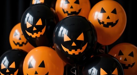 Festive halloween balloons in orange and black colors with scary jack-o-lantern faces decorations