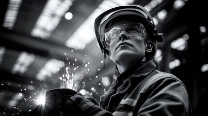 Fototapeta premium Industrial Spark: A focused individual, clad in protective gear, skillfully welds with sparks illuminating the manufacturing workspace, showcasing dedication and precision.