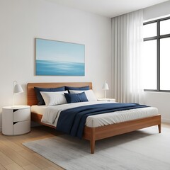 A modern bedroom furnished with light wood and a navy blue bed, featuring a calming abstract artwork and natural light.