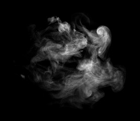 White smoke or dust cloud isolated on black background, perfect for abstract design, dramatic atmosphere, photo editing, special effects, advertising, and creative digital artwork in high resolution.