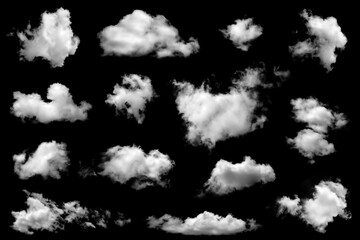 Set of fluffy white cloud shapes isolated on a black background, ideal for sky design, weather illustration, photo editing, fantasy scenes, and creative digital artwork in high resolution.