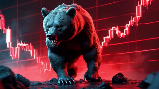 Aggressive Bear Charging Against Red Financial Graph Representing Global Stock Market Crash Trend