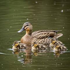 A mother duck leads her adorable ducklings across a tranquil pond, showcasing a heartwarming family moment.