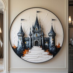 Obraz premium old castle art design decoration abstract textured painting round shape interior item building and architecture palace silhouette white background close-up