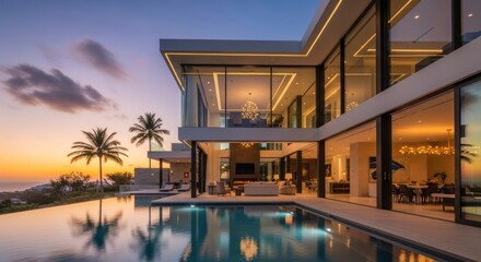 Fototapeta premium Spectacular modern villa with infinity pool reflecting twilight sky and palm trees creating