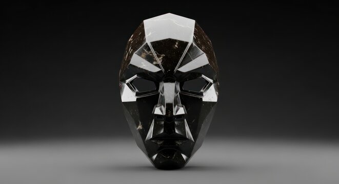 Striking geometric obsidian mask sculpture with reflective surfaces in studio setting - Powered by Adobe