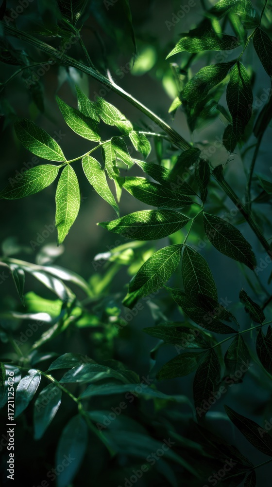 Poster sunlight filtering through lush green leaves creating a tranquil nature scene in a forest environmen