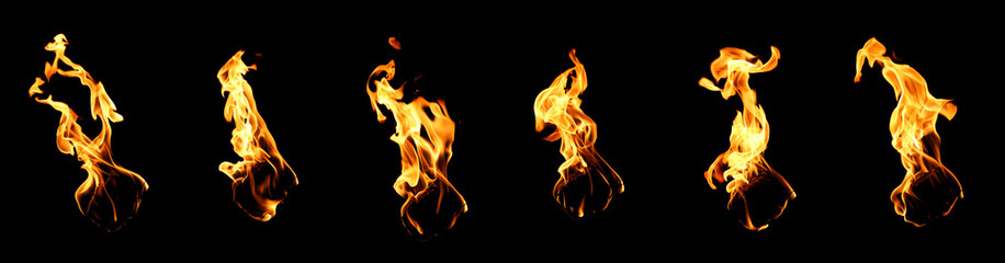 Set of fire flames isolated on a black background, perfect for graphic design, photo editing, advertising, hot energy concepts, burning effects, and creative digital artwork in high resolution.