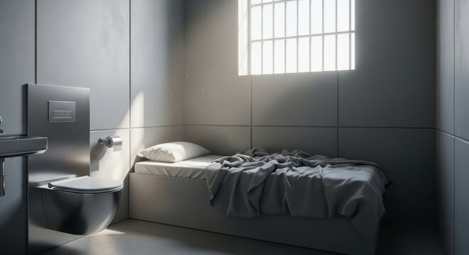 Monochrome confinement a stark illustration of solitude with light streaming in from barred window