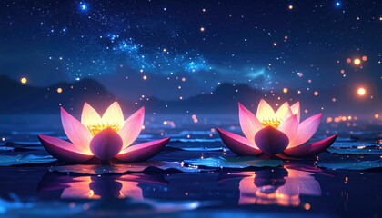 Illuminated lotus blossoms float serenely on a calm lake under a starry night sky
