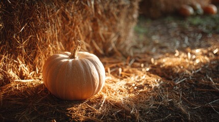 Single Autumn Pumpkin on Straw in Rural Setting with Natural Light and Hay Background