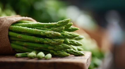 Freshly harvested asparagus spears, wrapped in burlap on a rustic wooden surface. A healthy, natural food choice. Suitable for culinary, dietary, or wellness themes.