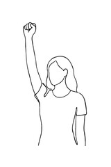 Strong woman with raised fist. Woman raising fist in protest in minimalist line art style