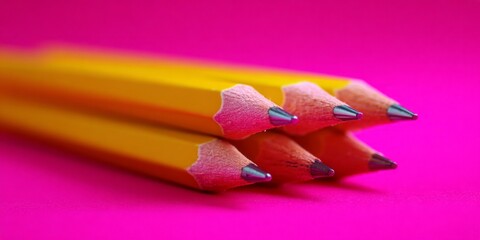 Obraz premium Four bright yellow pencils neatly arranged, showcasing their sharp tips against a vivid pink background in a creative setting