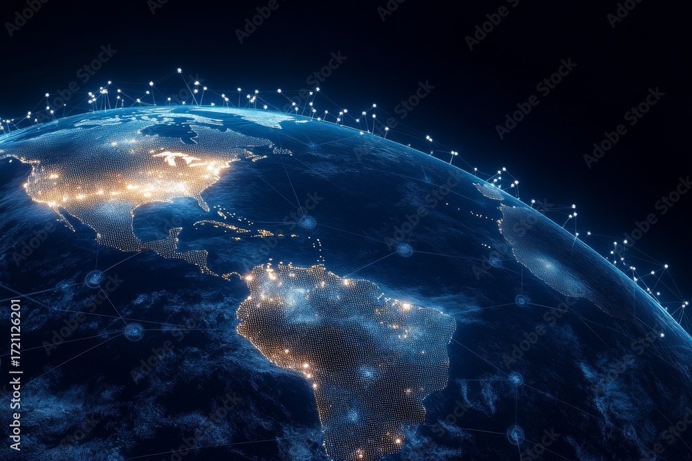 Poster global digital communication network showcasing modern connectivity and data transmission technology