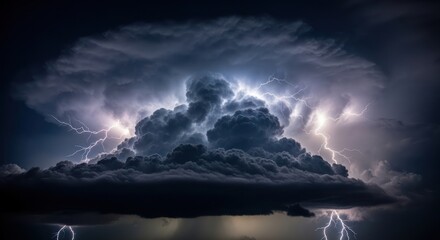 Spectacular thunderstorm landscape with striking lightning illuminating the dark clouds against
